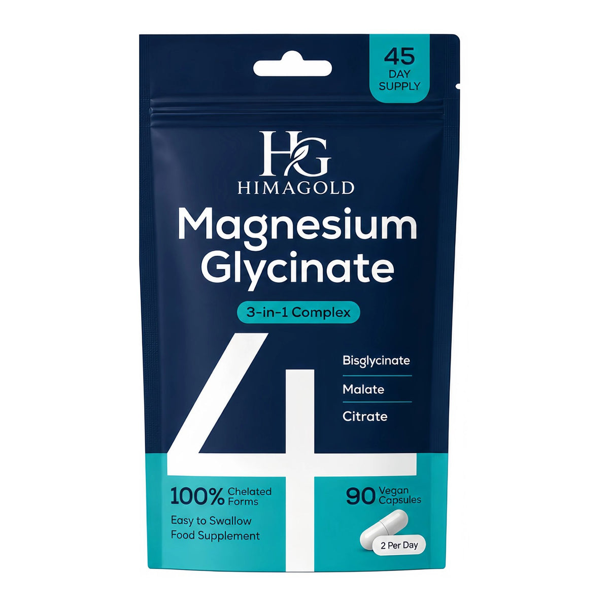 Bolsa de magnesio glicinato 3-en-1 HIMAGOLD con 90 cápsulas veganas