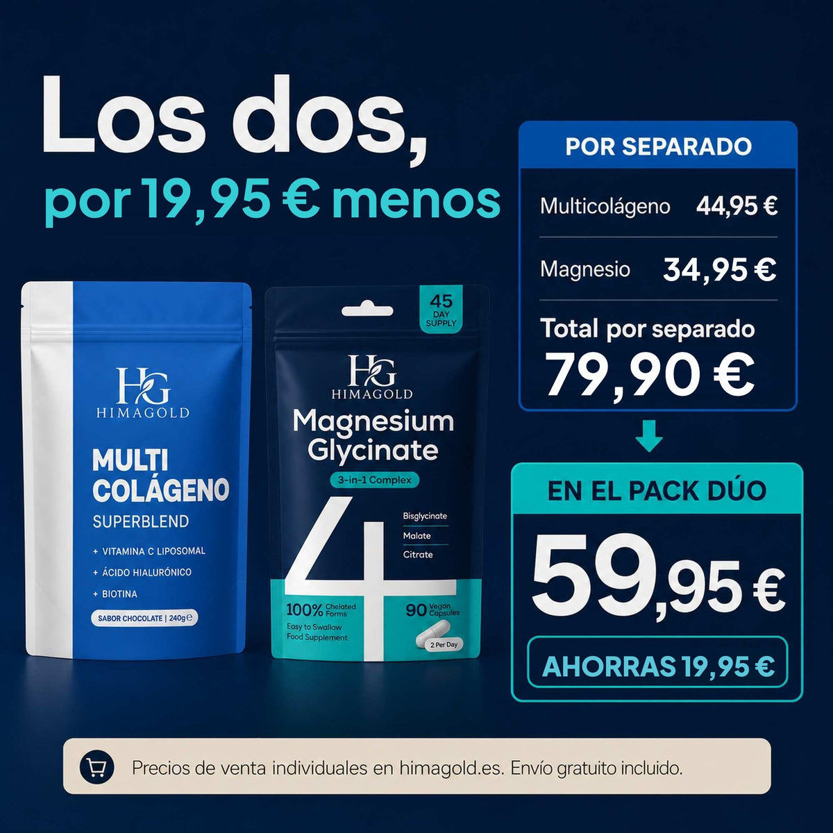El Pack Dúo de HIMAGOLD cuesta 59,95 euros frente a 79,90 comprando los dos productos por separado: ahorras 19,95 euros