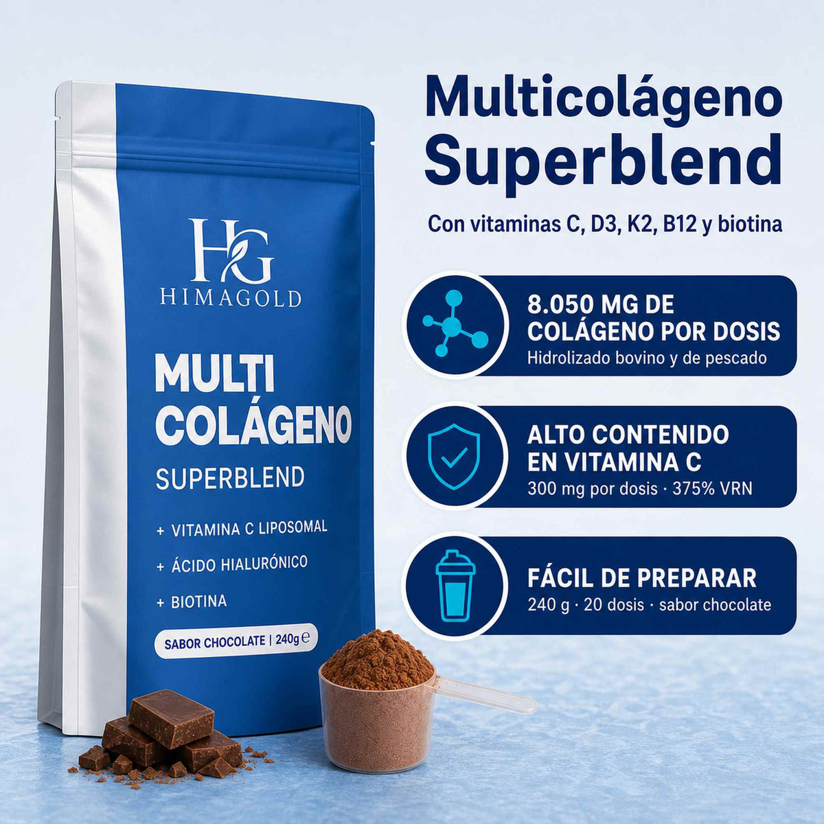 Multicolágeno Superblend de HIMAGOLD con 8050 mg de colágeno hidrolizado y vitaminas C, D3, K2 y B12