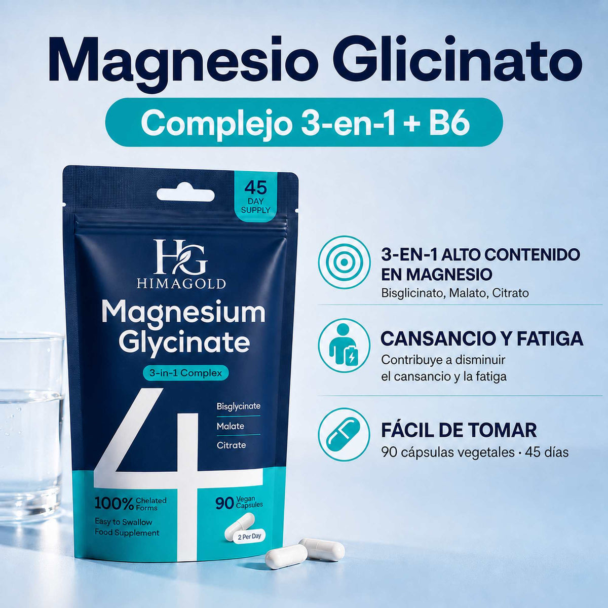 Magnesio HIMAGOLD 3-en-1 con vitamina B6: bisglicinato, malato y citrato en 90 cápsulas vegetales para 45 días