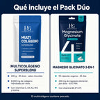 Contenido del Pack Dúo: multicolágeno de 240 gramos y 20 dosis, y magnesio de 90 cápsulas para 45 días