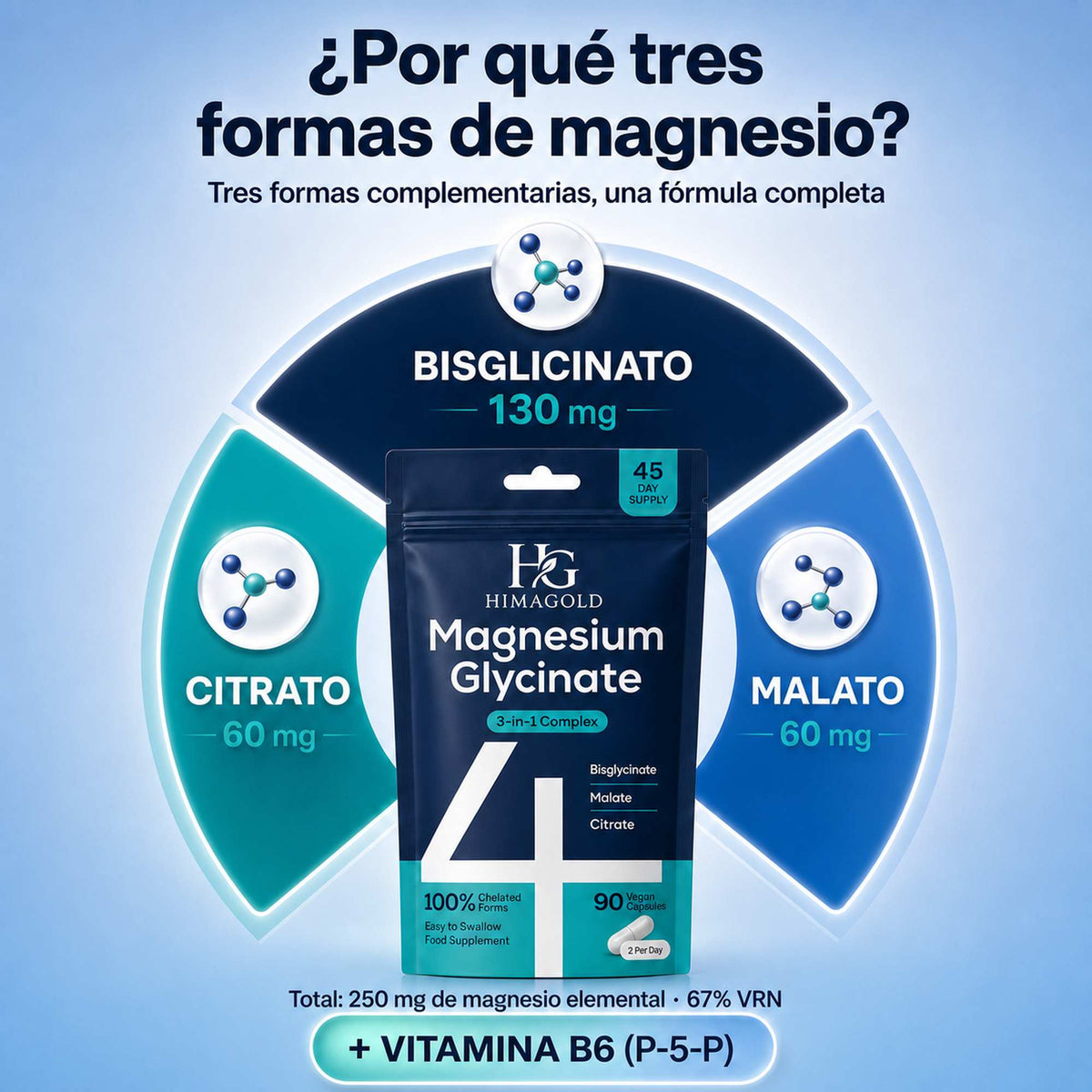 Las tres formas de magnesio de HIMAGOLD: bisglicinato 130 mg, malato 60 mg y citrato 60 mg por dosis diaria