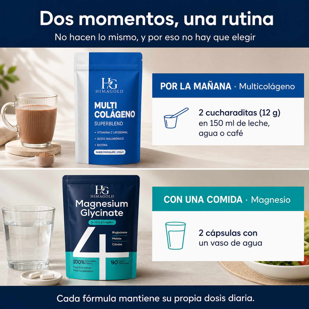 Rutina del Pack Dúo: multicolágeno por la mañana en leche o café y magnesio con una comida