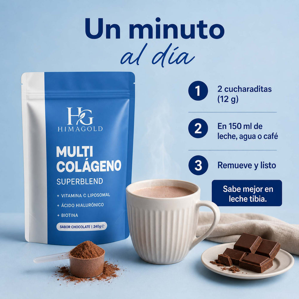 Cómo preparar el multicolágeno HIMAGOLD: dos cucharaditas de 12 gramos en 150 ml de leche, agua o café