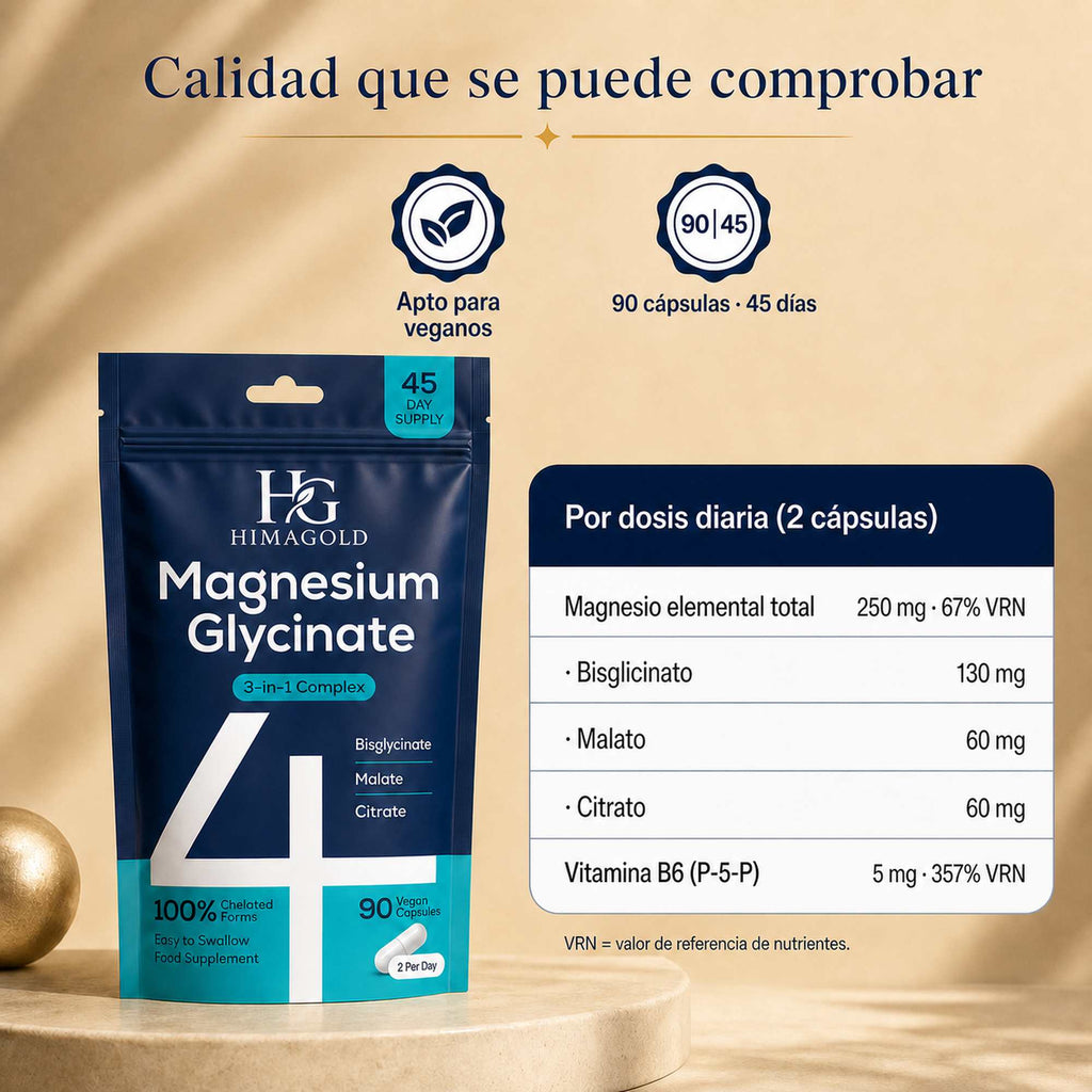 Tabla nutricional del magnesio HIMAGOLD por dosis diaria de 2 cápsulas, con magnesio elemental y vitamina B6