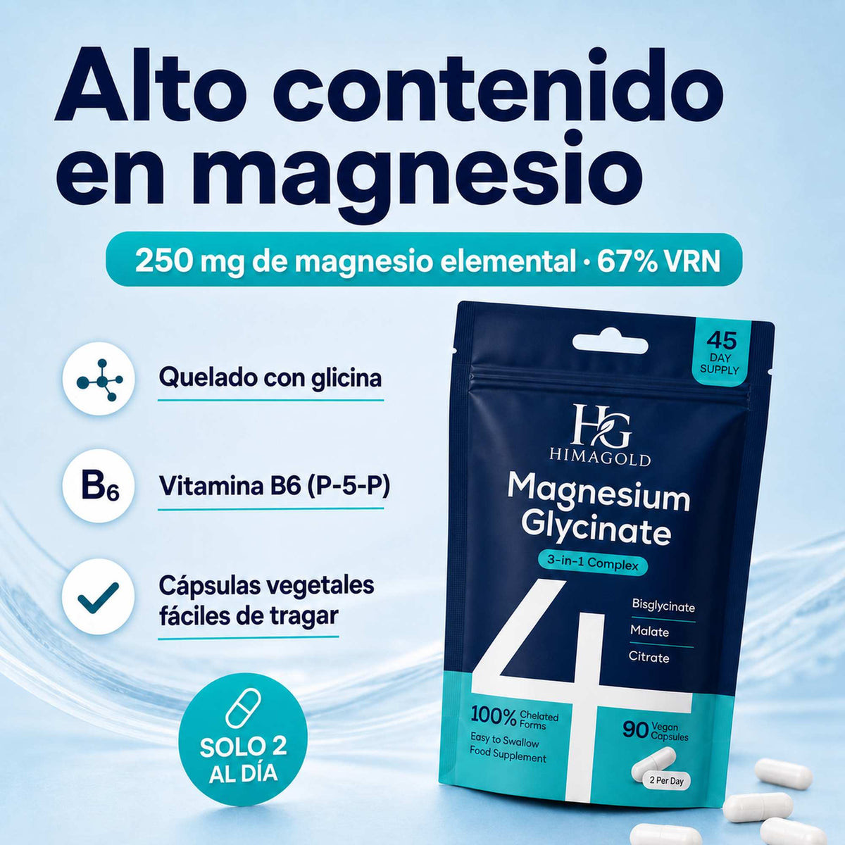 Complejo de magnesio HIMAGOLD con 250 mg de magnesio elemental por dosis, el 67% del valor de referencia