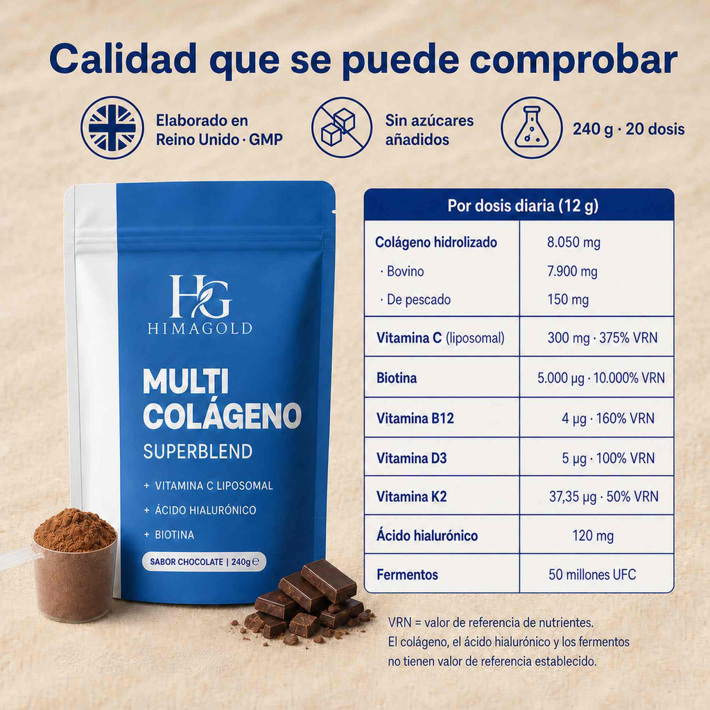 Tabla nutricional completa del multicolágeno HIMAGOLD por dosis diaria de 12 gramos