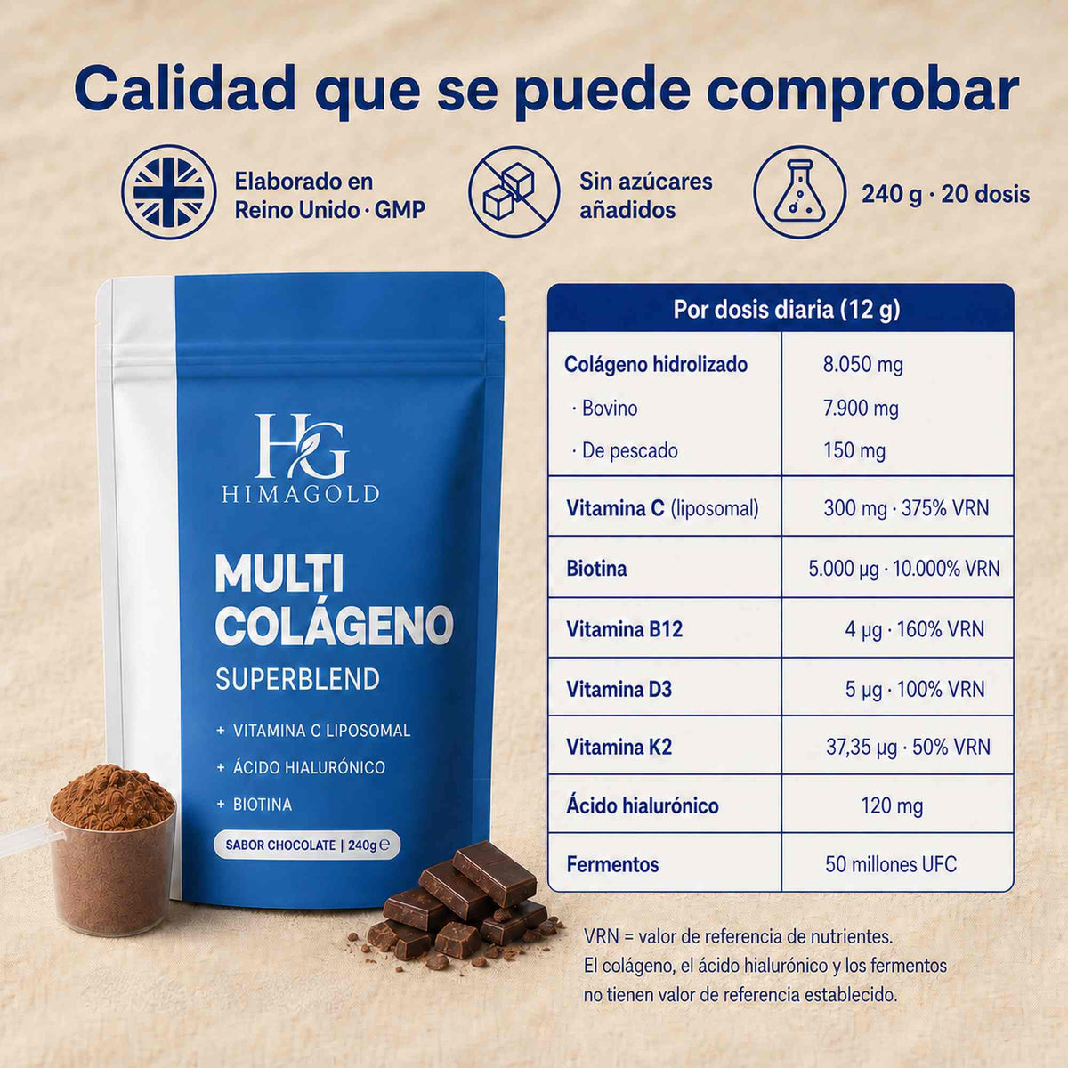 Tabla nutricional completa del multicolágeno HIMAGOLD por dosis diaria de 12 gramos
