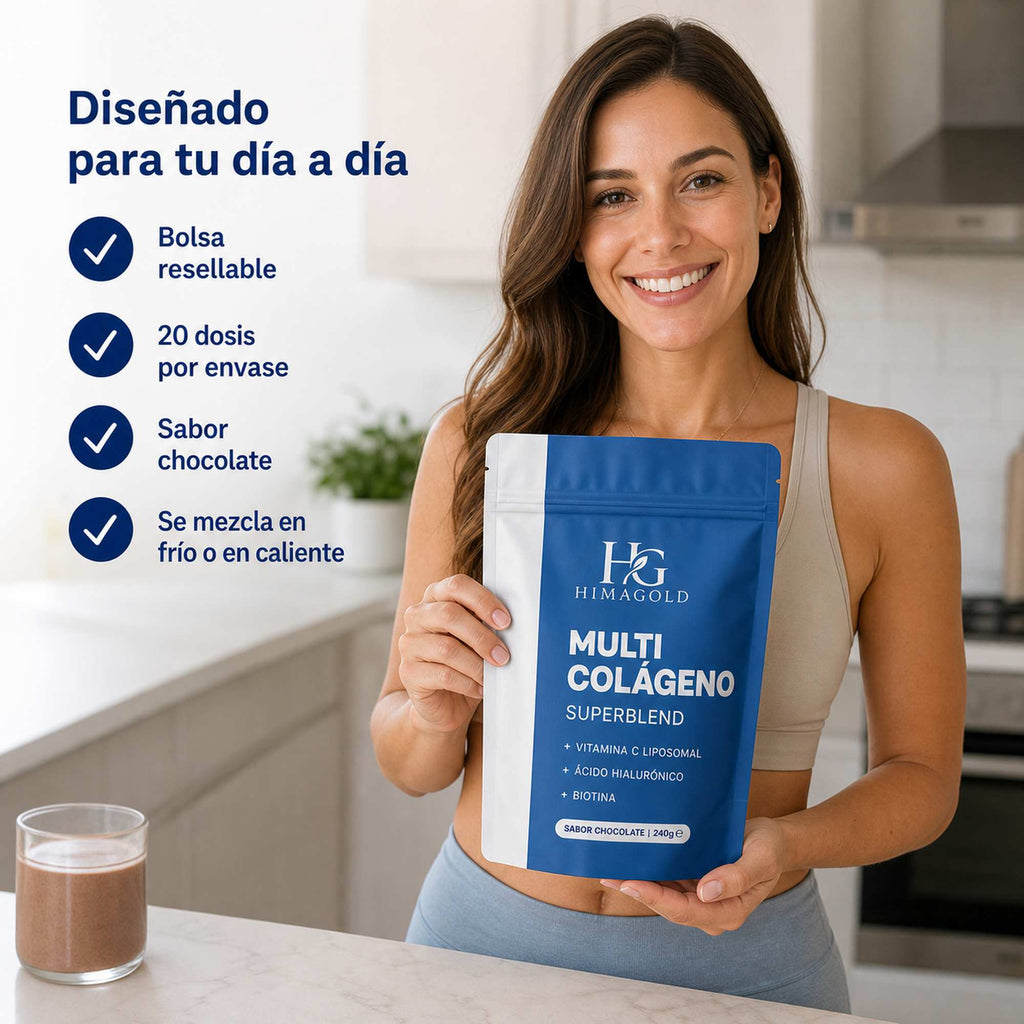 Bolsa resellable de multicolágeno HIMAGOLD con 20 dosis y sabor chocolate